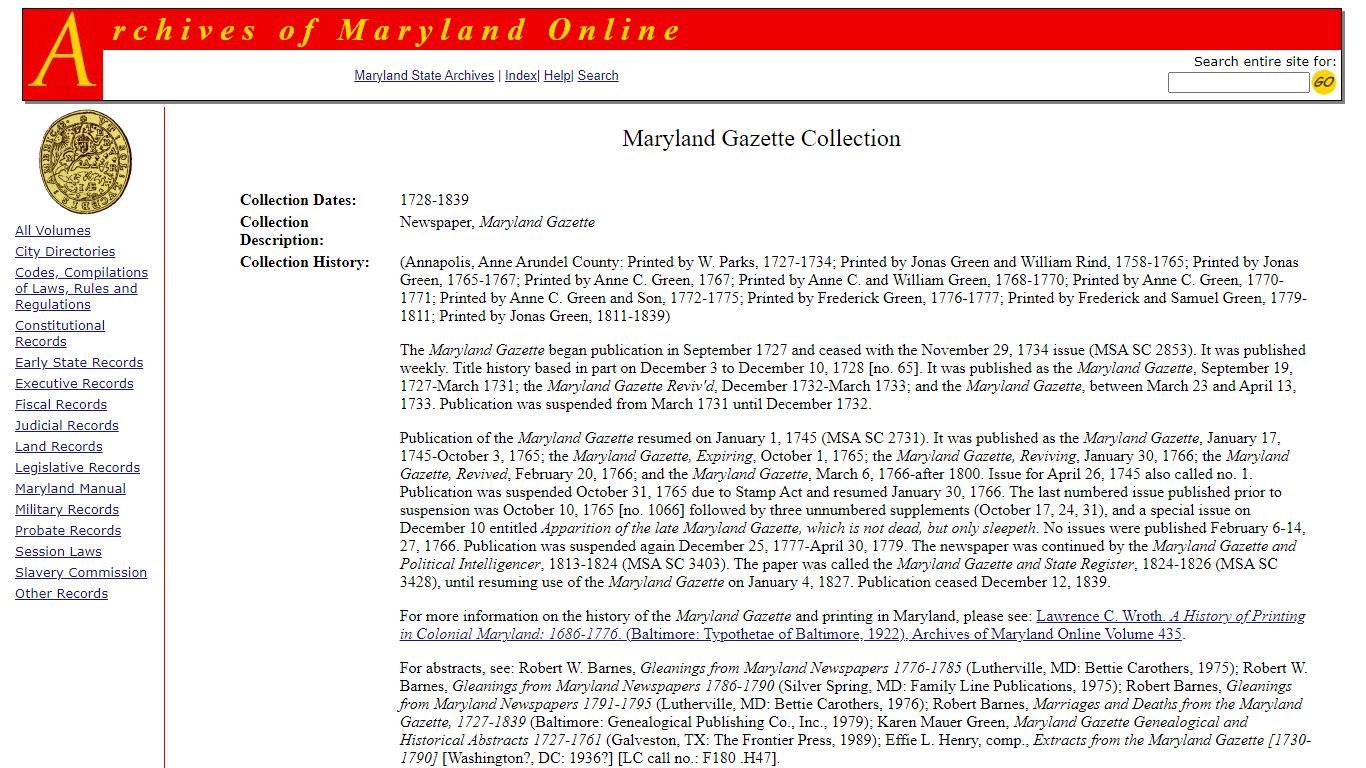 Archives of Maryland Online