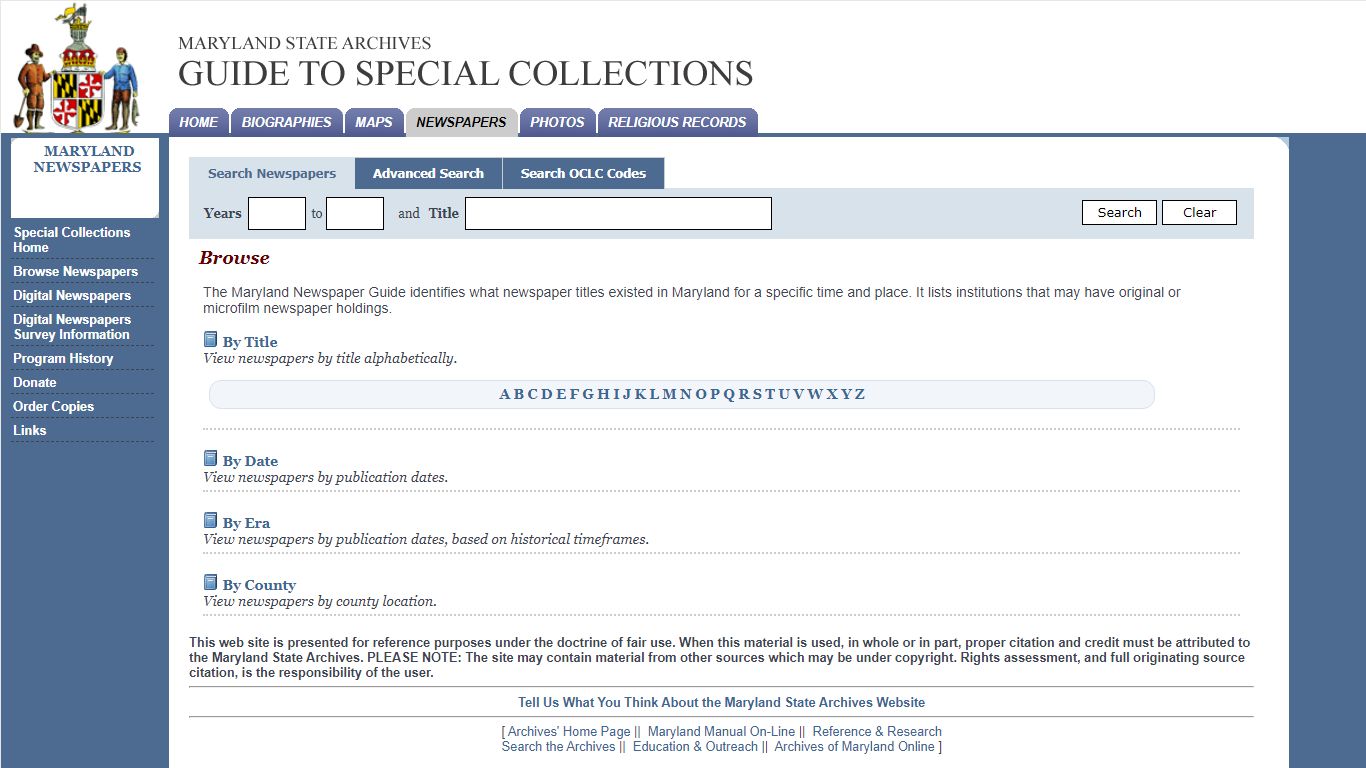 Maryland State Archives, Guide to Special Collections, Maryland Newspapers